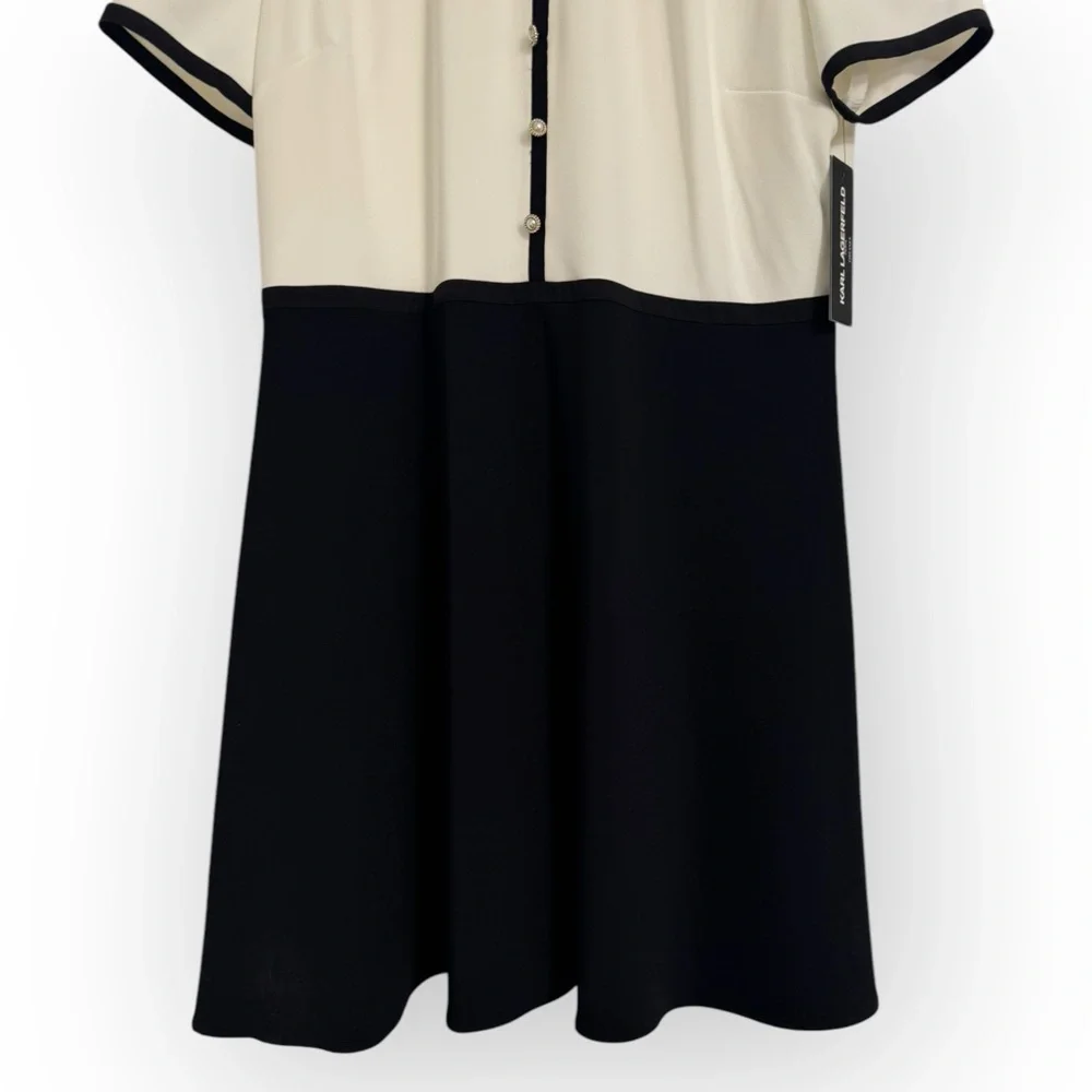 KARL LAGERFELD PARIS Collared Contrast-Trim Dress, Size 14, Black/White, NEW - Picture 7 of 12